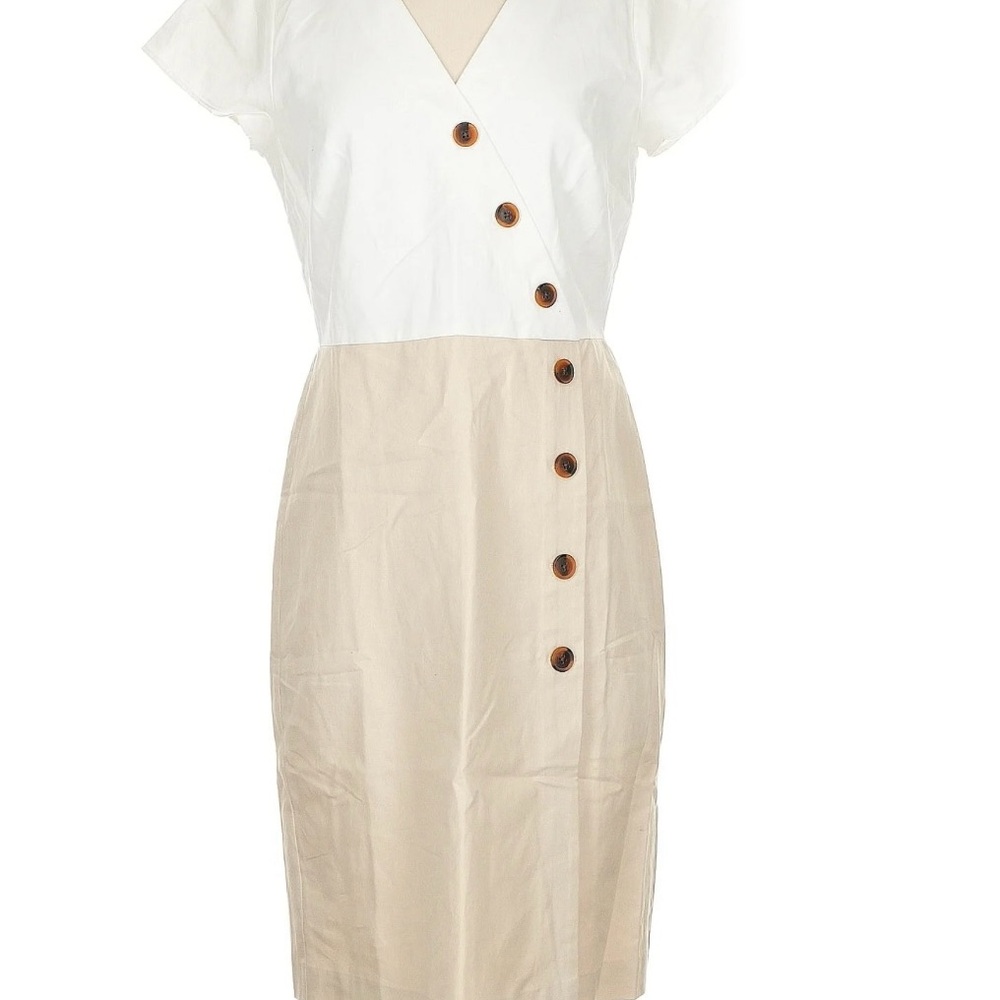 Ann Taylor White and Cream Asymmetrical Buttoned Sheath Dress NWT